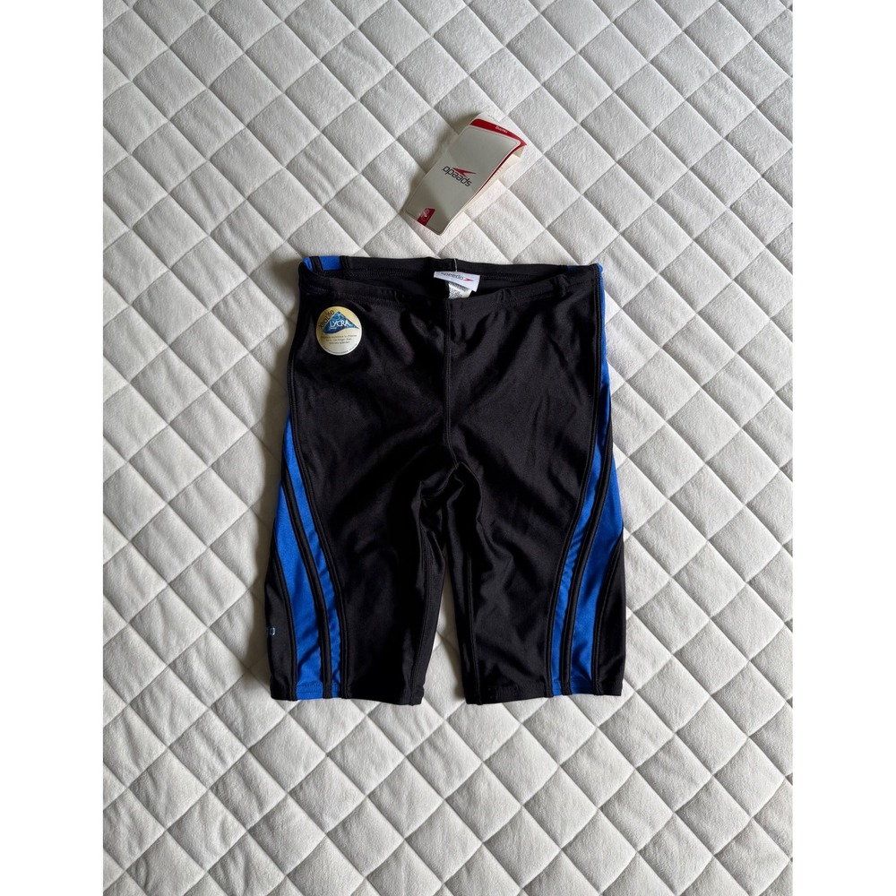 Y2K Speedo PowerFlex Black & Blue Quantum Spliced Jammer Swimsuit‎ Sz 28